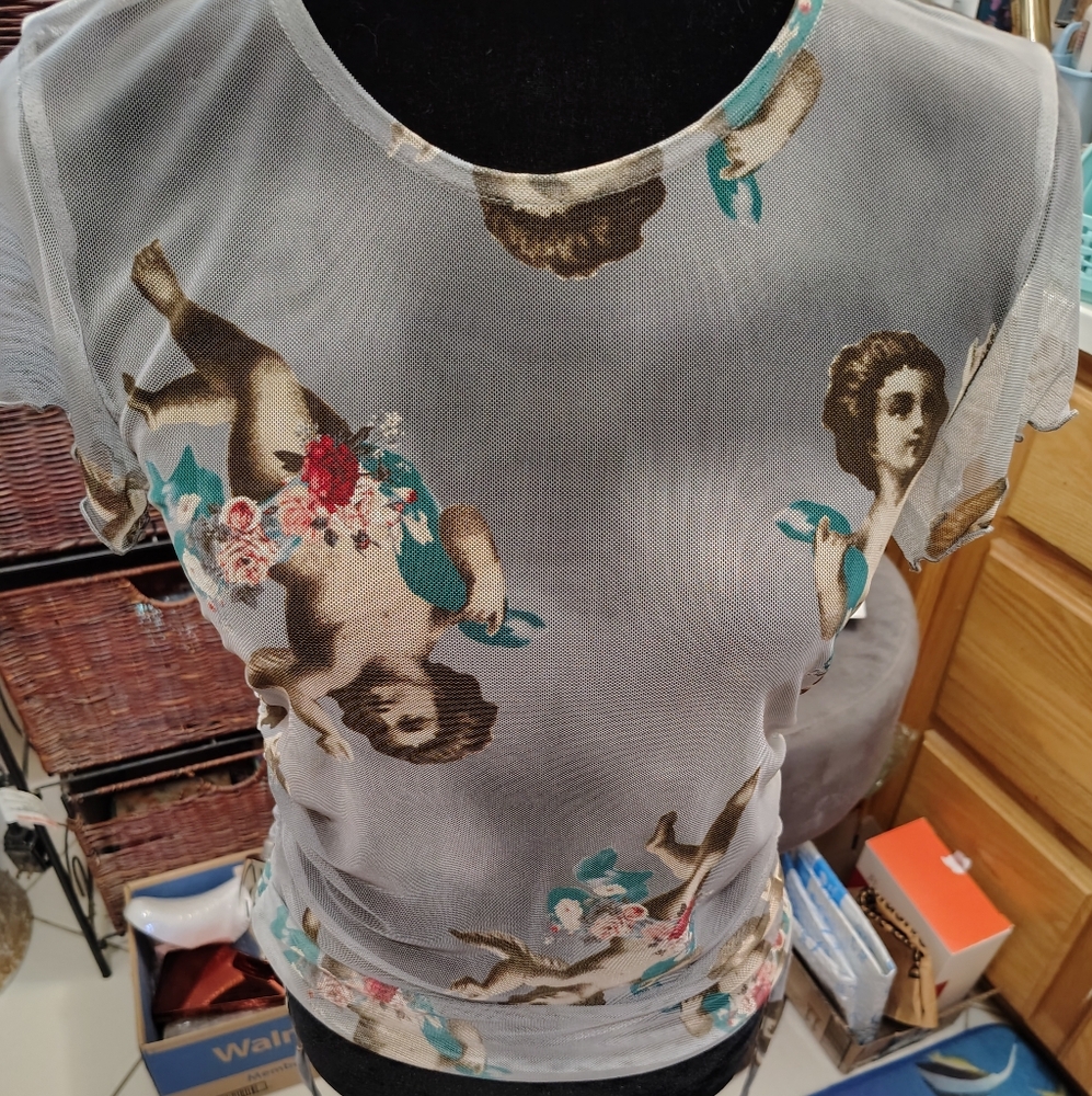 Cherub Print Mesh Top/SZ L/ Vintage Not Worn/ NWOT/ Stretch See Pics
